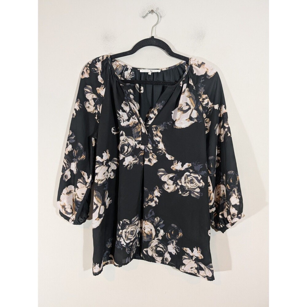 Violet & Claire Top Women Size M Black Floral‎ 3/4 Sleeve Relaxed Blouse Office